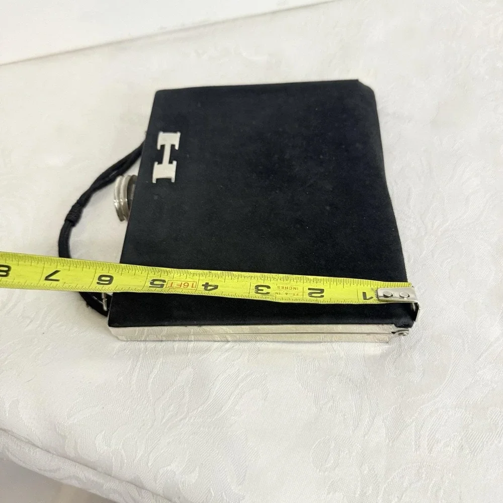 Vintage black Hinged suede evening bag silver frame 'H' logo interior coin purse